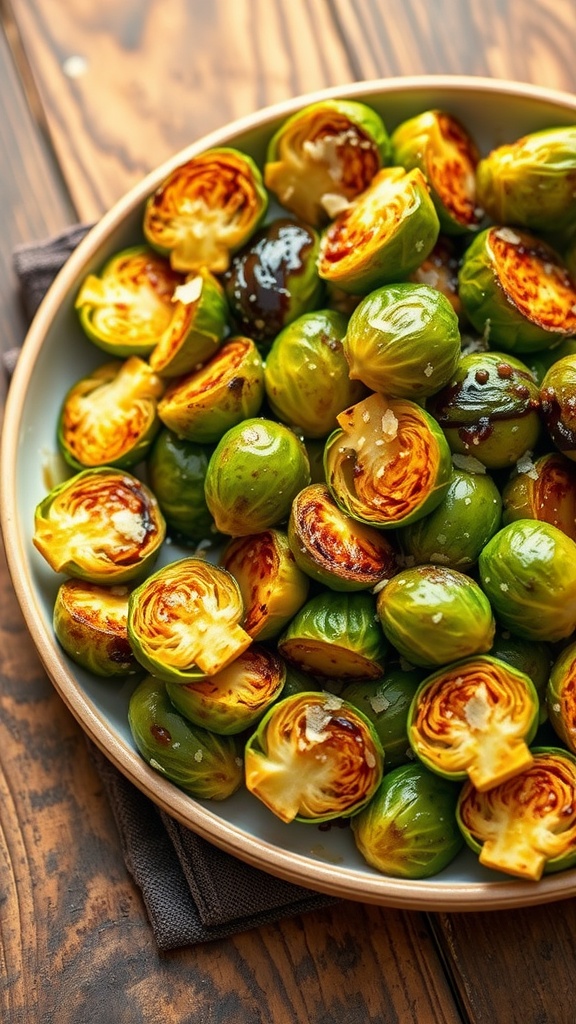 A plate of crispy oven-baked Brussels sprouts drizzled with balsamic and topped with parmesan cheese.
